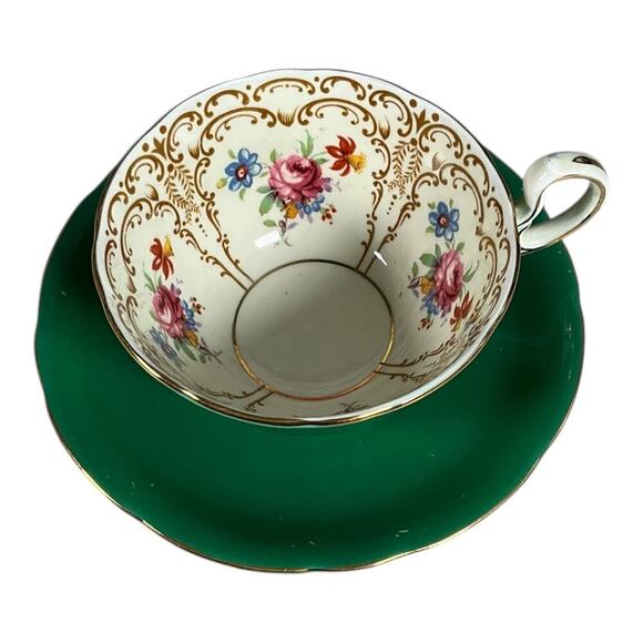 Vintage AYNSLEY Tea Cup & Saucer Set Bone China Vibrant Green Floral Bouquet - Picture 10 of 10